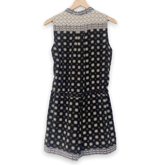 Sea New York 100% Silk Boho Geometric Navy Cream Sleeveless Romper Button Front - Picture 4 of 11